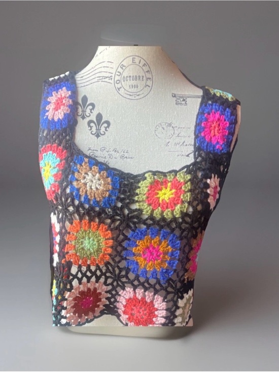 Le Lis Tops - Le Lis Black Crochet Tank Top with Bright Multi-Color Squares